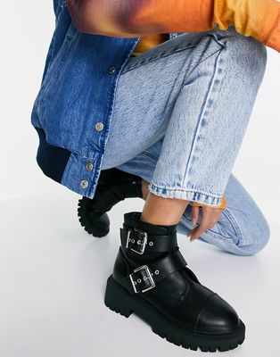 London Rebel chunky buckle boots in black