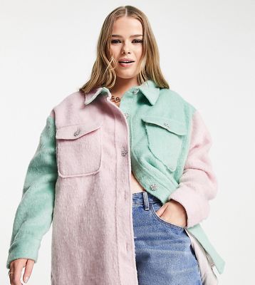 Neon Rose Plus oversized shacket with jewel buttons in pastel color block-Multi