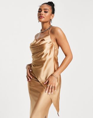 Ei8th Hour satin cowl neck asymmetric top in bronze - part of a set-Brown