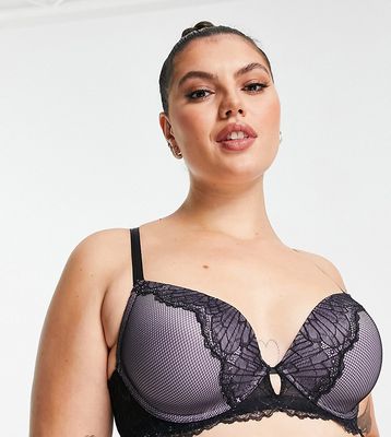 Dorina Curve Vibrant lace and fishnet plunge bra with butterfly back detail in black