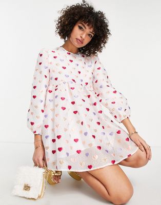 Sister Jane mini dress with heart embroidery-White