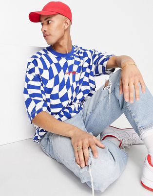 ASOS Daysocial oversized t-shirt with all over warped check print in blue-Blues
