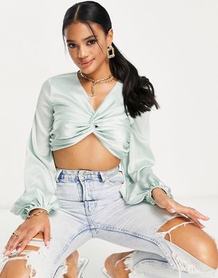 Yaura satin twist crop shirt with balloon sleeve in sage - part of a set-Green