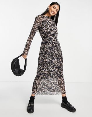 & Other Stories mesh long sleeve print midi dress in black and pink-Multi