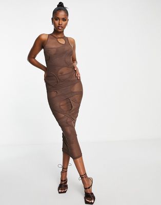 Missyempire x Aaliyah Ceilia mesh cut out overlay maxi dress in chocolate-Brown