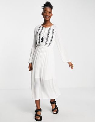 En Crème long sleeve maxi smock dress with embroidery detail-White