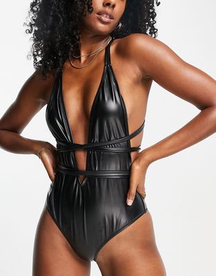 Candypants wet look wrap round swimsuit in black