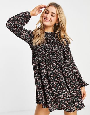 Daisy Street long sleeve fitted mini dress in black floral