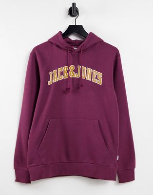 Jack & Jones college logo overhead hoodie in burgundy-Red