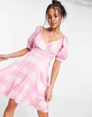 Twisted Wunder babydoll mini dress in oversized pink check-Multi