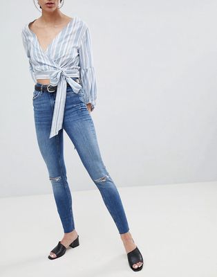 Pieces Five Delly Slashed Knee High Waisted Skinny Jeans-Blues