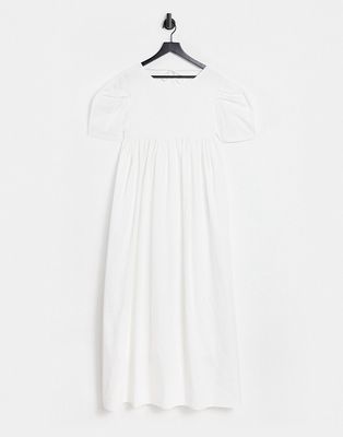 Ghospell maxi smock dress with volume sleeves and tie back detail in white