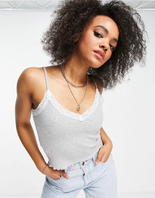 Stradivarius ribbed cami with lace detail in gray-Grey