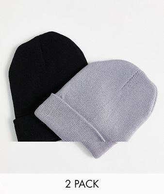 New Look 2 pack fisherman beanies in black and gray-Multi