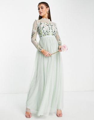 Frock and Frill Bridesmaid maxi dress with pleated skirt and embellished top in dusty mauve-Green