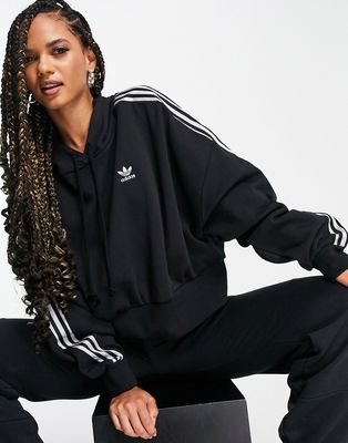 adidas Originals adicolor three stripe satin look hoodie in black
