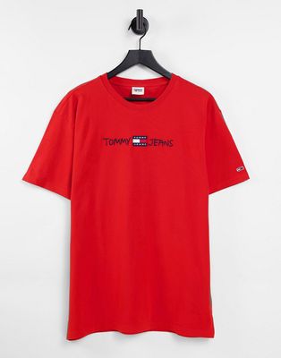 Tommy Jeans straight script embroidered logo t-shirt in red