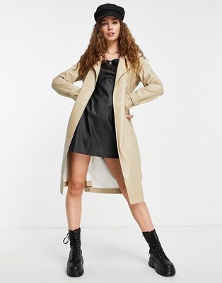 Only leather look trench coat in sand-Neutral