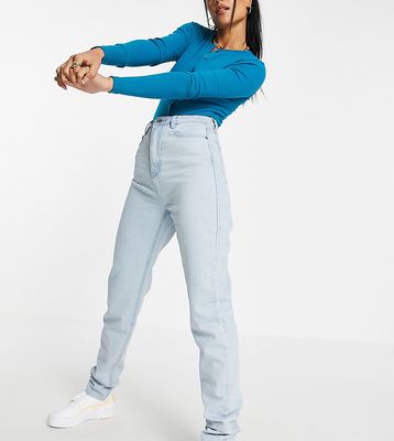 Missguided Tall Riot high waist mom jean with raw hem in lightwash blue-Blues