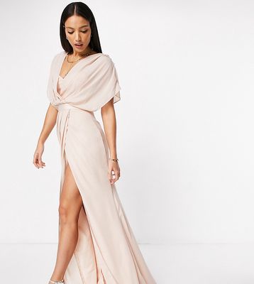 ASOS DESIGN Tall Bridesmaid short sleeved cowl front maxi dress with button back detail-Pink