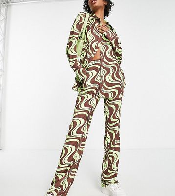 ASOS DESIGN Tall satin flare pant in mint and chocolate swirl print - part of a set-Green