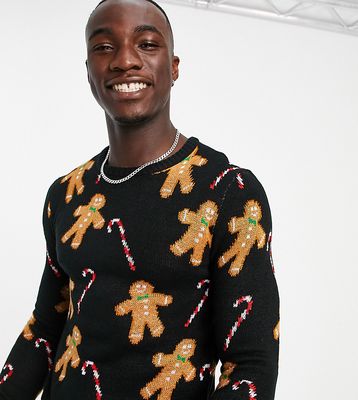 Another Influence Tall festive gingerbread print sweater in black