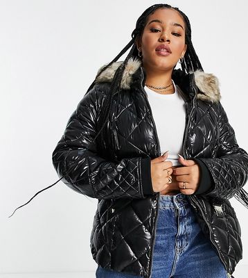 River Island Plus belted patent quilted padded jacket with faux fur hood in black
