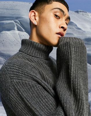 ASOS DESIGN knitted oversized fisherman rib roll neck sweater in charcoal-Grey