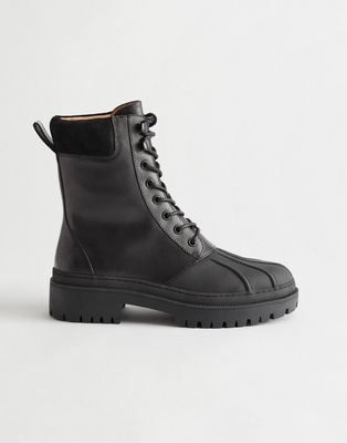 & Other Stories leather lace-up boots with stitch detail in black
