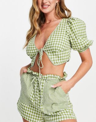 Fashion Union Exclusive tie front crop beach top in olive check - part of a set-Green