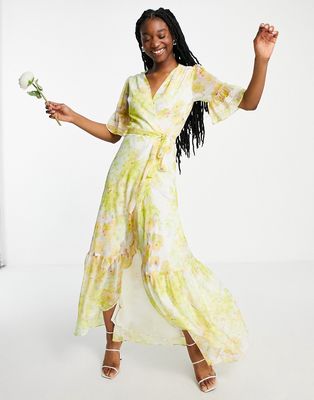 Hope & Ivy wrap maxi tea dress in buttercup floral-Yellow