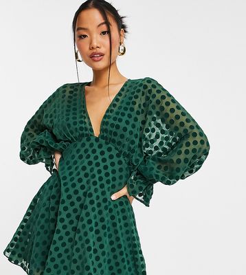 ASOS DESIGN Petite velvet flocked spot mini with blouson sleeve and elasticated cuff in forest green