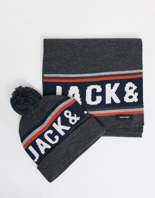 Jack & Jones logo hat & scarf gift set in gray-Grey