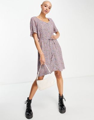 Pieces button front tie waist tea dress in ditsy floral-Multi