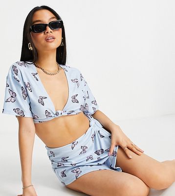 ASOS DESIGN petite knot front terry beach crop top in butterfly print - part of a set-Multi