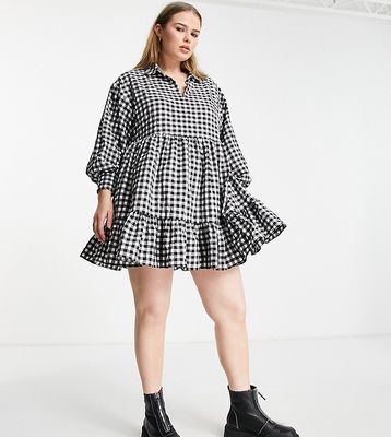 Simply Be long sleeve smock dress with collar in gingham-Navy