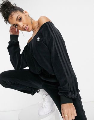 adidas Originals 'Relaxed Risqué' velour off the shoulder sweatshirt in black