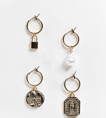 Reclaimed Vintage inspired unisex single charm earrings in gold 4 pack