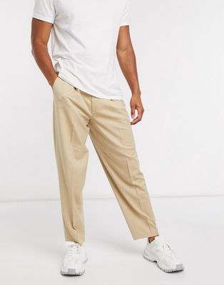 ASOS DESIGN oversized tapered smart trouser in stone-Neutral