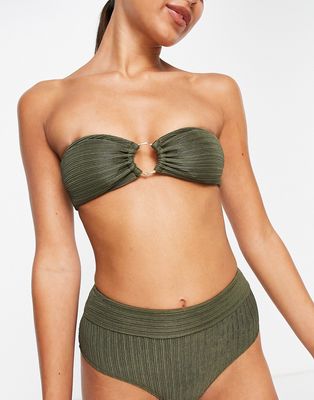 Accessorize ring rib bandeau bikini top in khaki-Green