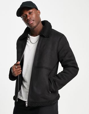 Barneys Originals faux shearling fully sherpa lined jacket in black