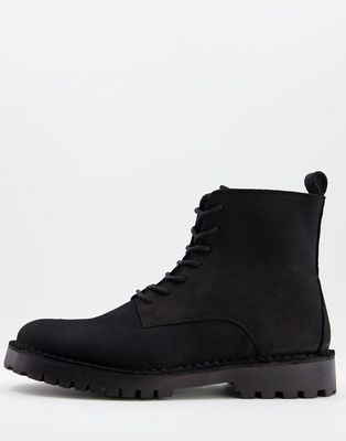 Selected Homme lace-up boots with chunky sole in nubuck-Black