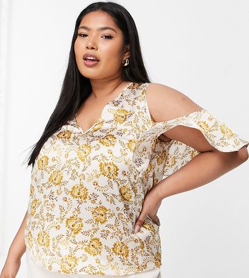 ASOS DESIGN Curve satin top with cold shoulders in paisley-Multi