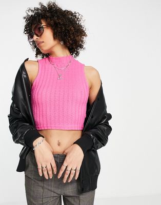 Only ribbed high neck cropped top in bright pink