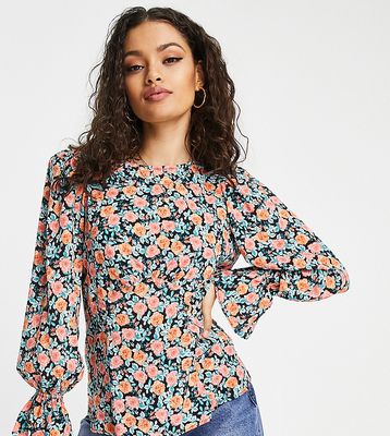River Island Petite puff sleeve floral blouse in black