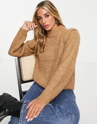 Vero Moda high neck sweater with structured shoulder in camel-Neutral