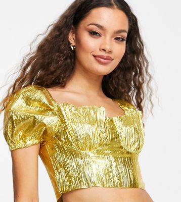 Collective The Label Petite Exclusive puff sleeve cupped crop top co-ord in metallic gold