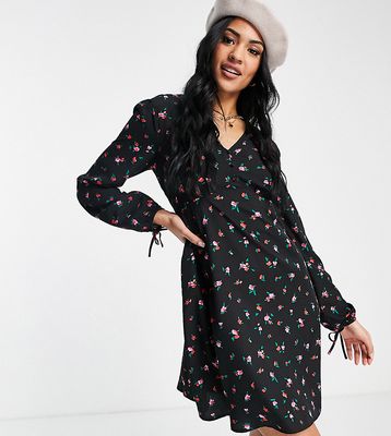 New Look Tall long sleeve button through mini dress in black floral