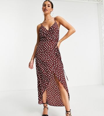 ASOS DESIGN Tall cami wrap maxi dress in large brown dot print-Multi