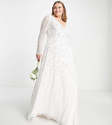 Lace & Beads Plus Bridal embellished maxi dress with train in ivory-White